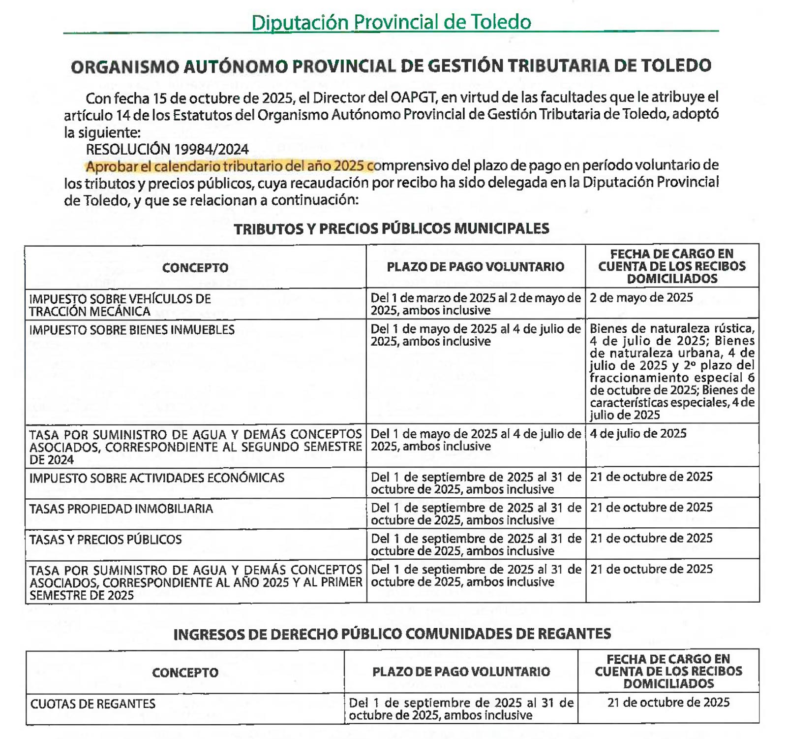 calendario tributario calera