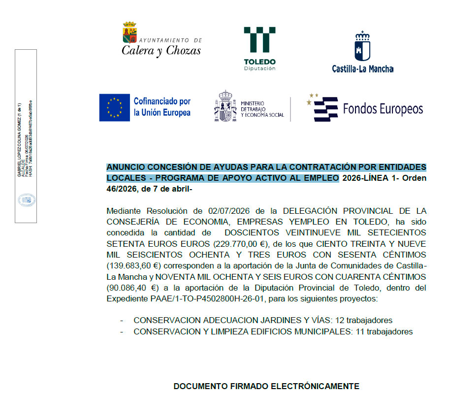 ayuda al empleo mantenimiento edificios municipales jardines caleraychozas